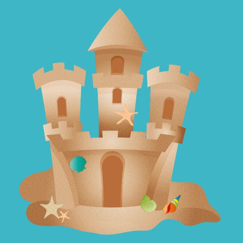 Château de sable avec coquillages et étoiles de mer sur la plage