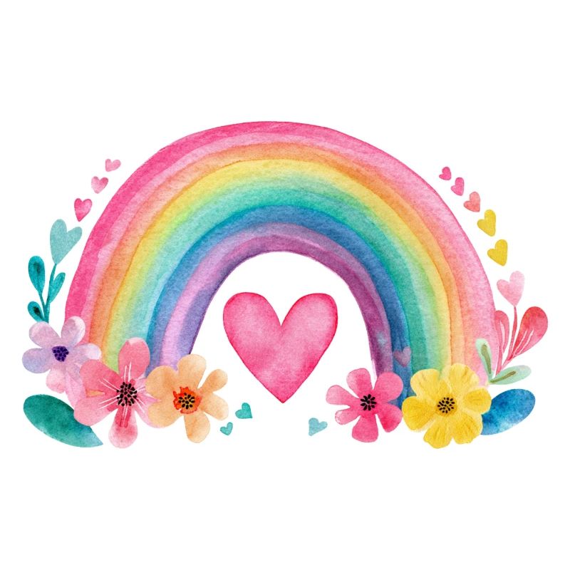 Regenbogen mit Herz & Blumen – Aquarell Liebe
