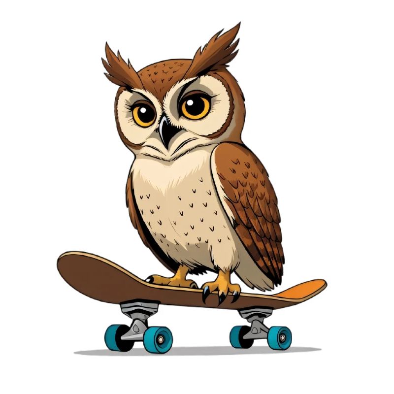 Eule auf Skateboard im Comic-Stil