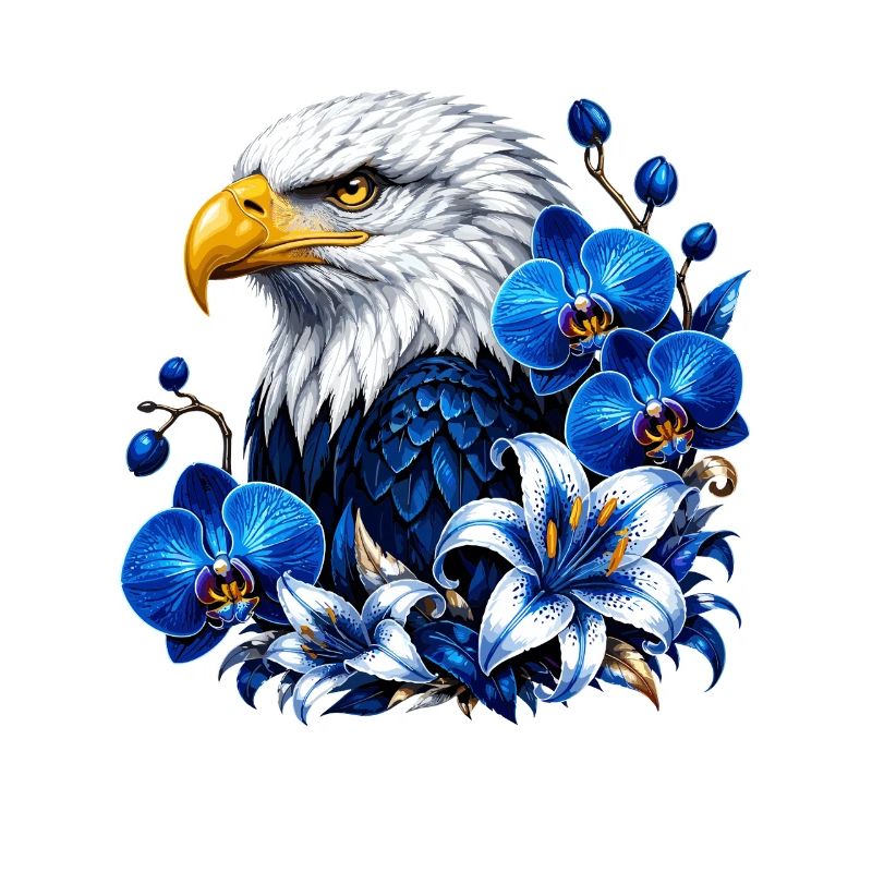Eagle Portrait with Blue Blossoms