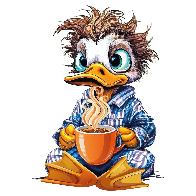 Morning grouch duck with coffee