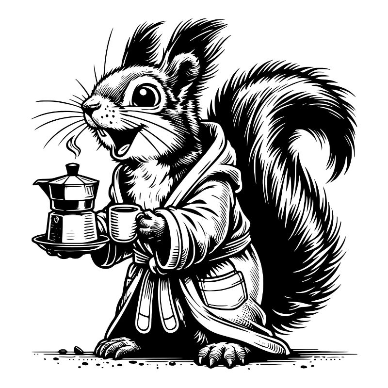 Squirrel with strong coffee in bathrobe