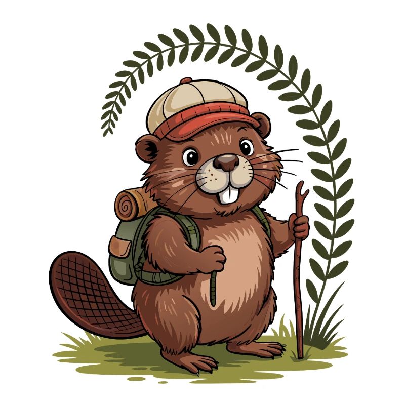 Funny beaver with hiking poles and backpack