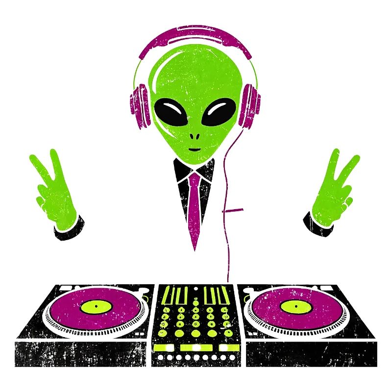 Außerirdischer DJ mit Neon-Kopfhörern