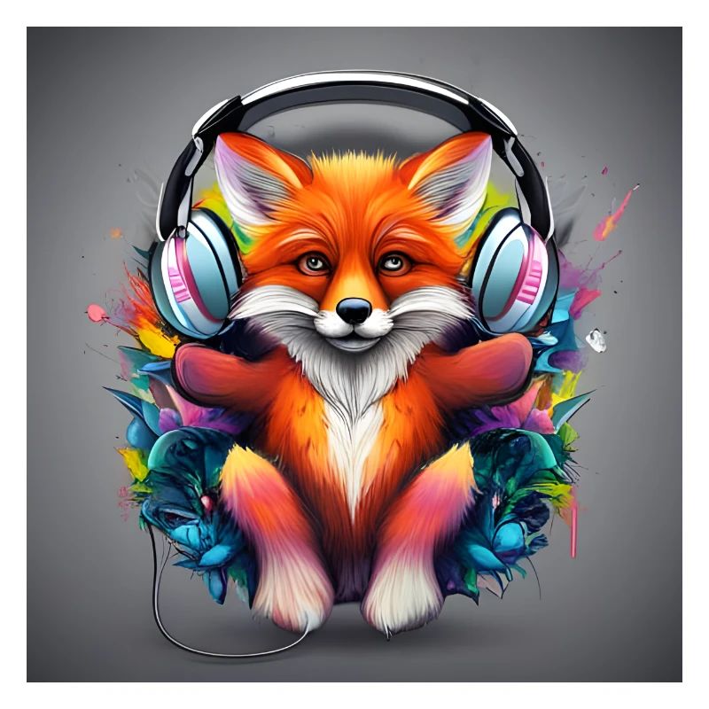 Fuchs mit Kopfhörer Farbexplosion