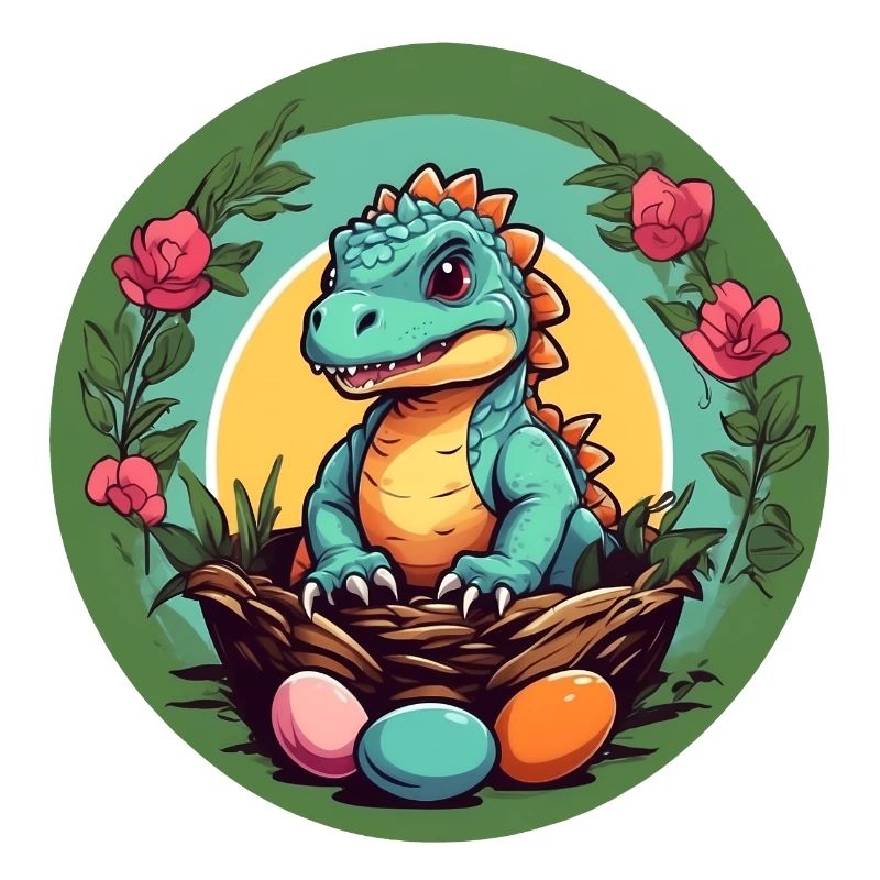 Dinobaby little dinosaur in Easter basket