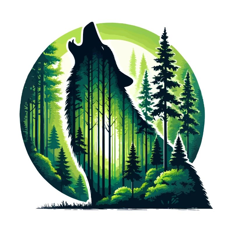 Silhouette de loup hurlant avec forêt verte
