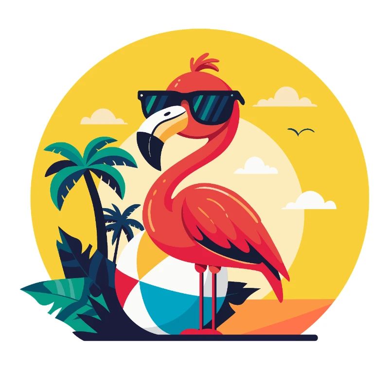 Flamingo, beach ball and palm trees