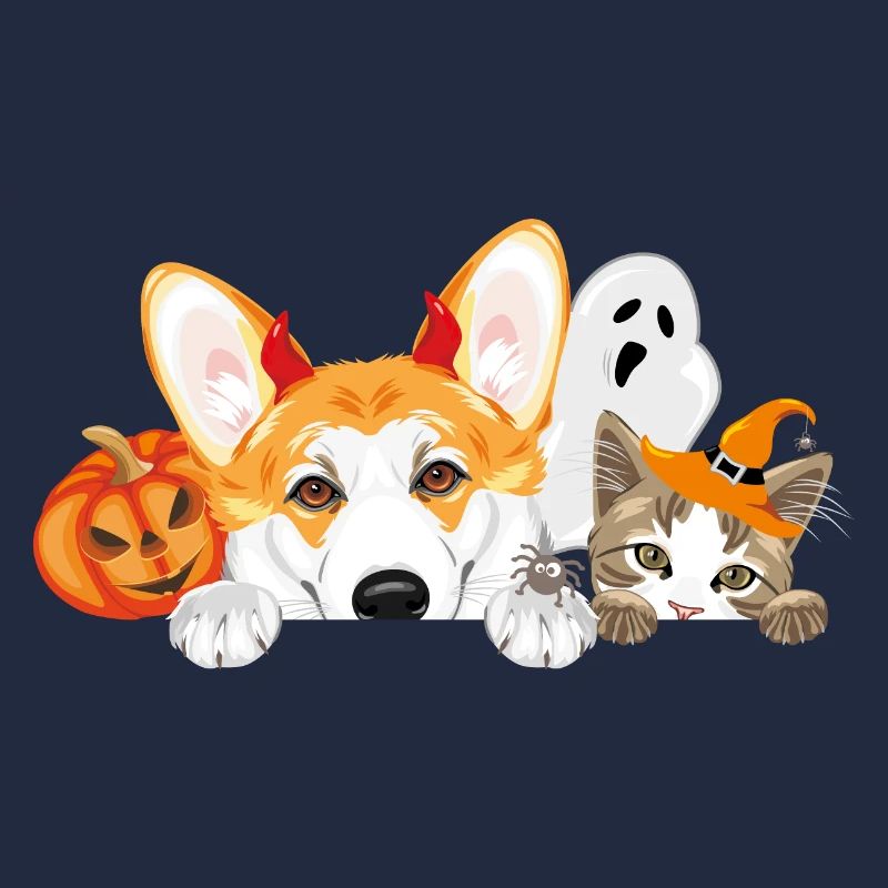 Spähender Corgi und Katze mit Halloween-Accessoires