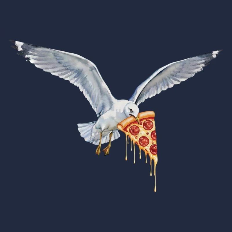 Funny seagull stealing fries on the beach