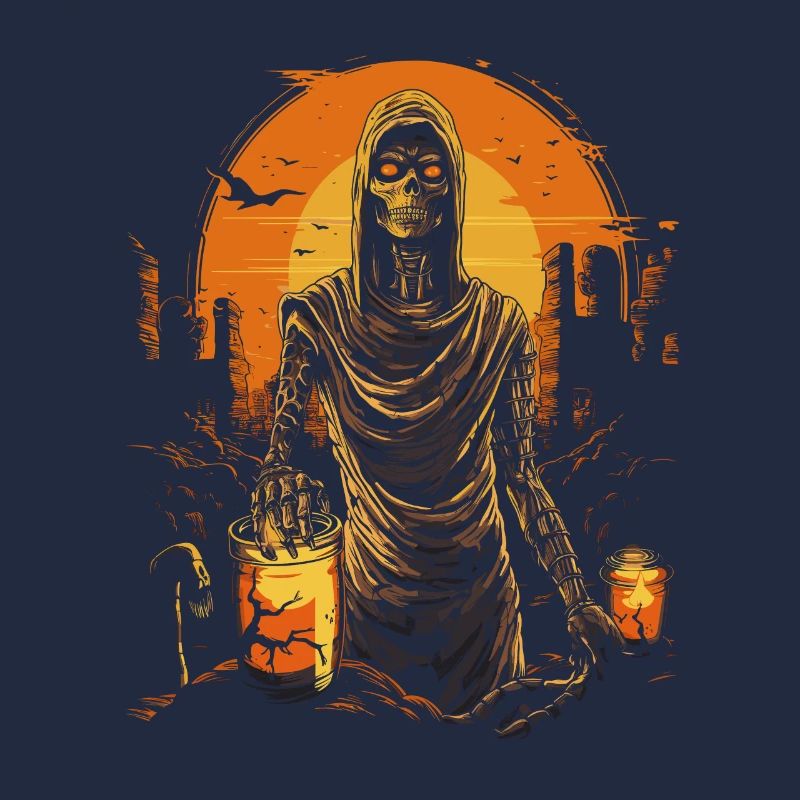 Skeleton mummy with glowing eyes and lanterns