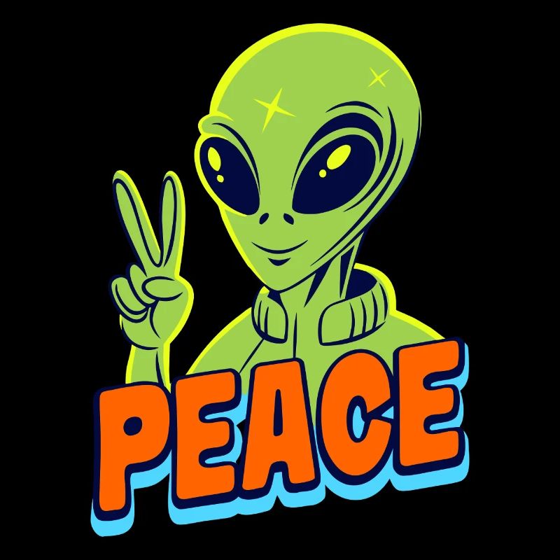Funny green Alien with Peace sign Space