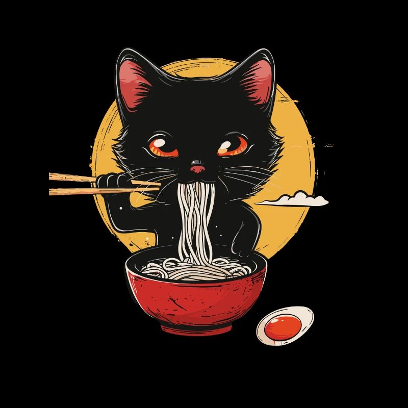 Schwarze Katze Mit Ramen Schüssel Mond