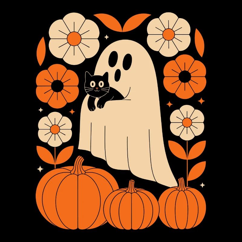 fantôme citrouille chat vintage fleurs Halloween automne