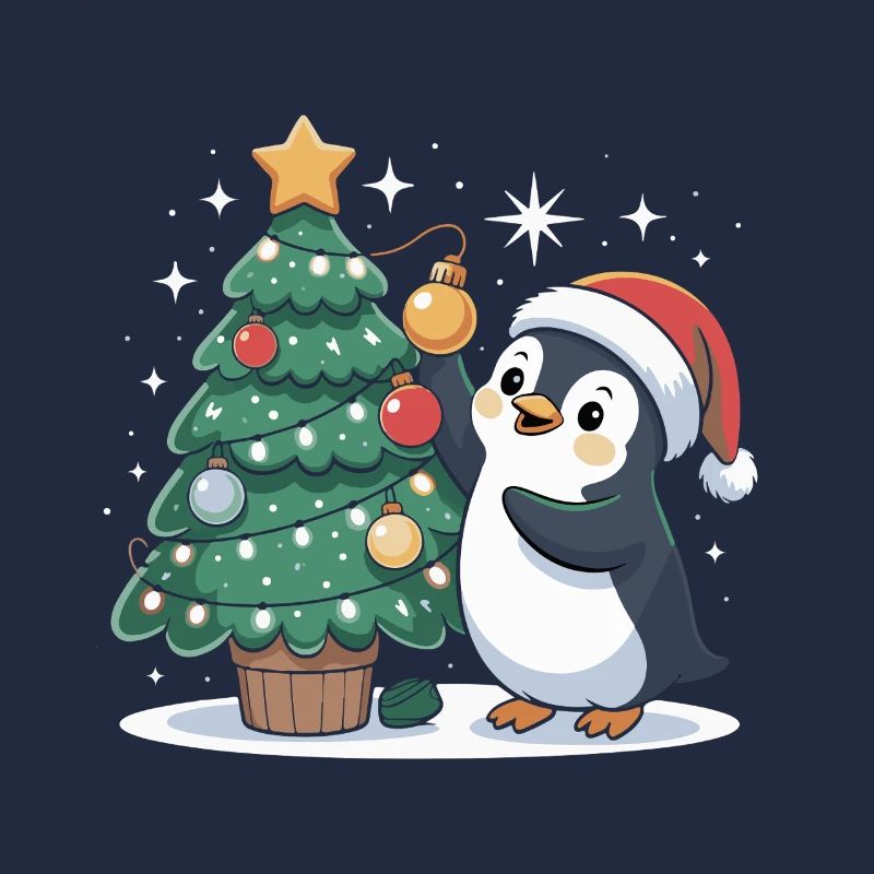 Penguin decorates Christmas tree