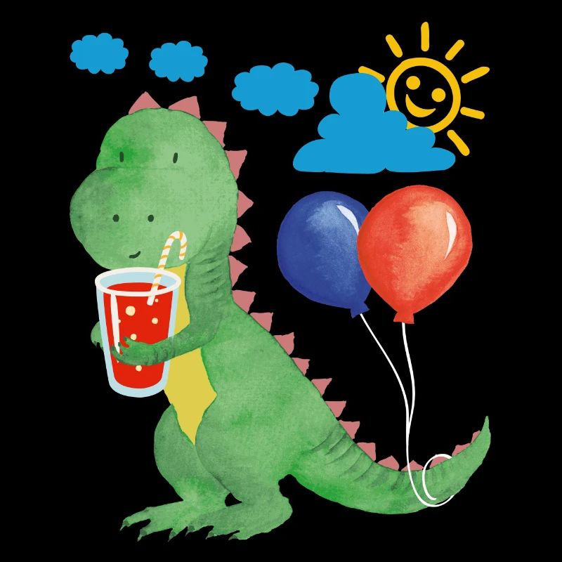Kleiner Dino mit Erfrischung und Luftballons