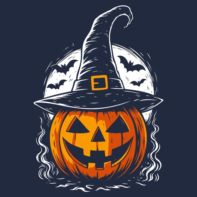 Spooky pumpkin with witch hat & full moon