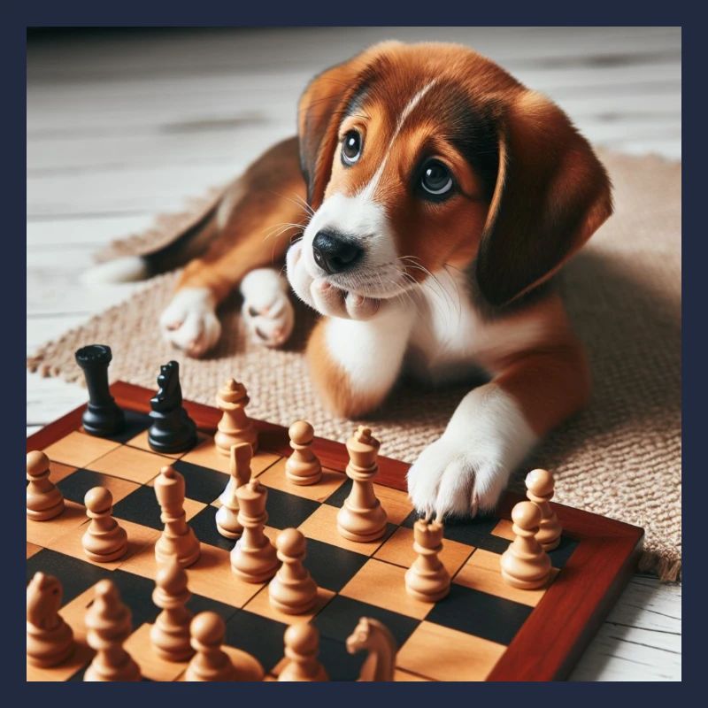Welpe spielt Schach