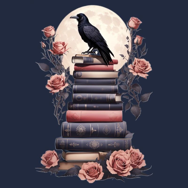 Stack of books with raven