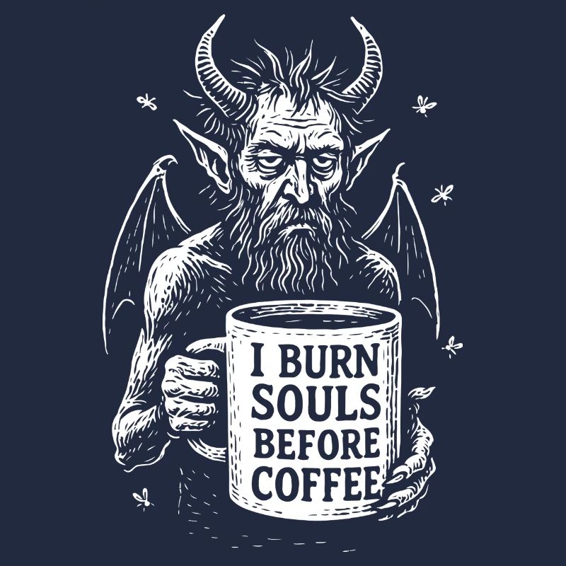 Devil with Coffee Mug I Burn Souls Before Coffee