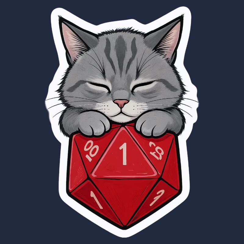 Bébé chat endormi sur D20 Cube – Dessin animé
