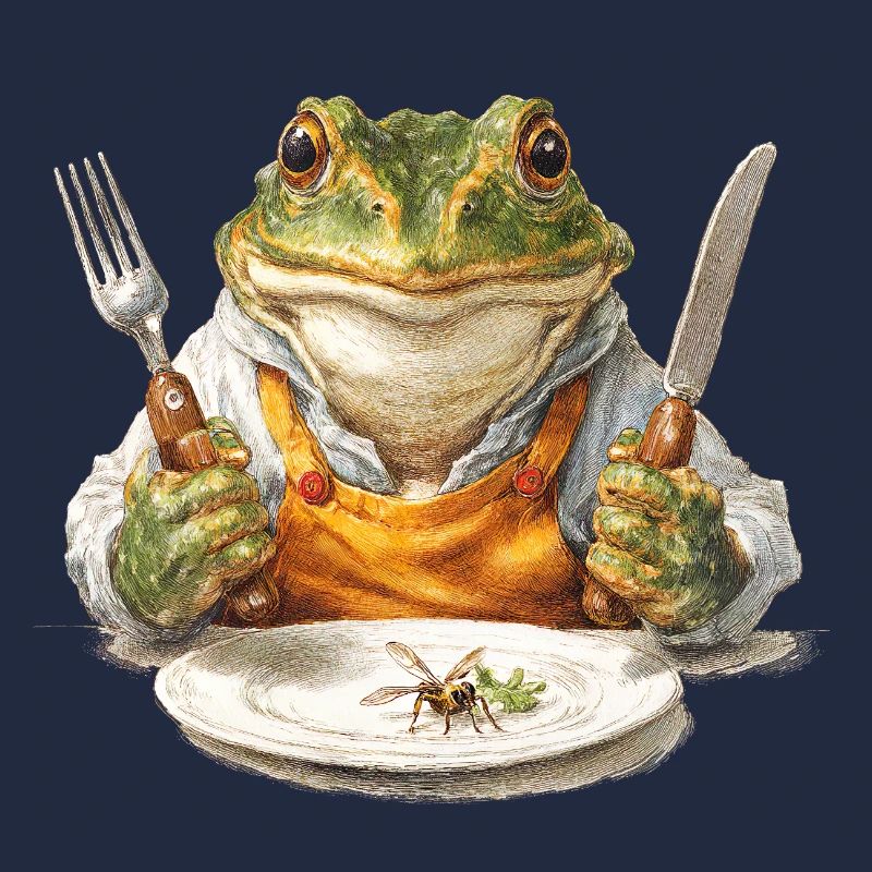 Frog chef with fork and knife