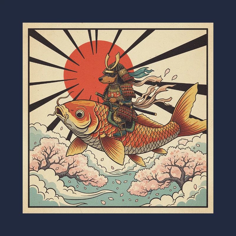 Poisson koi géant chevauché samouraï teckel japonais