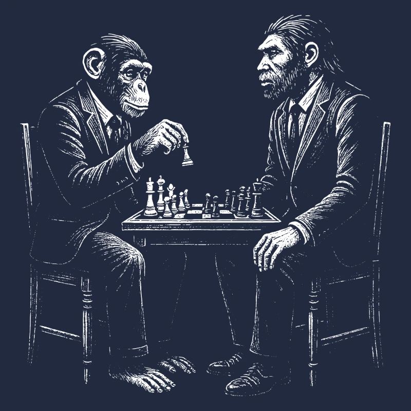 monkey plays chess with homo erectus. Funny design