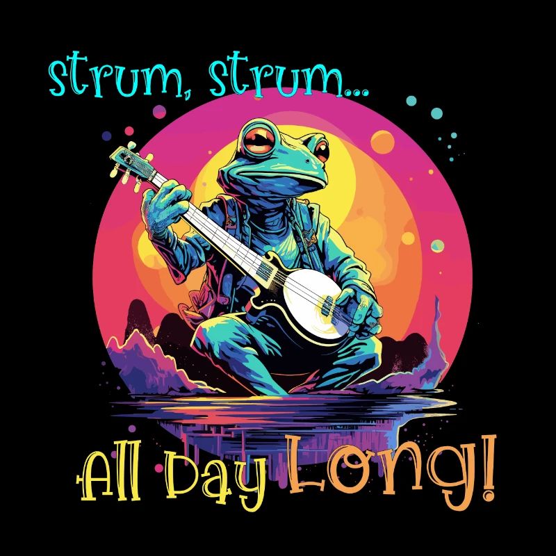 Frog plays banjo, strumm, clank all day long