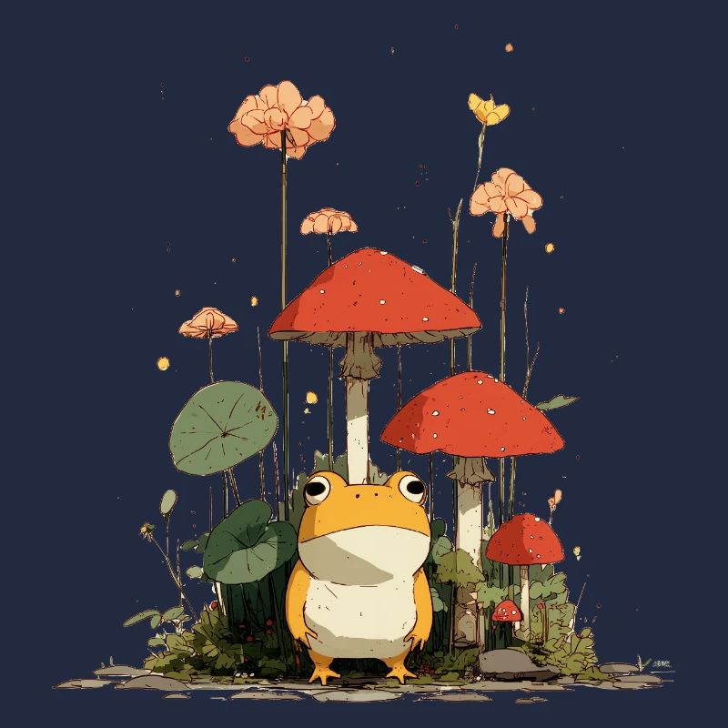 Grenouille devant des champignons rouges dans la forêt