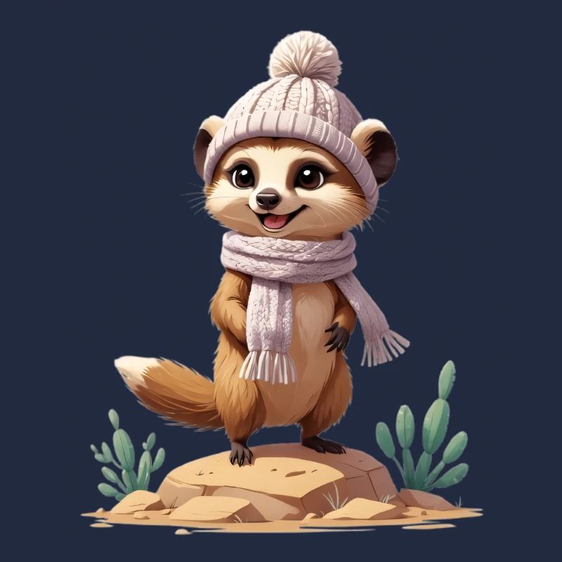Suricate sur roche avec écharpe et chapeau