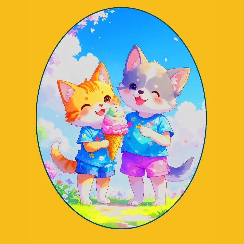 Chaton, chiot et crème glacée (ovale)