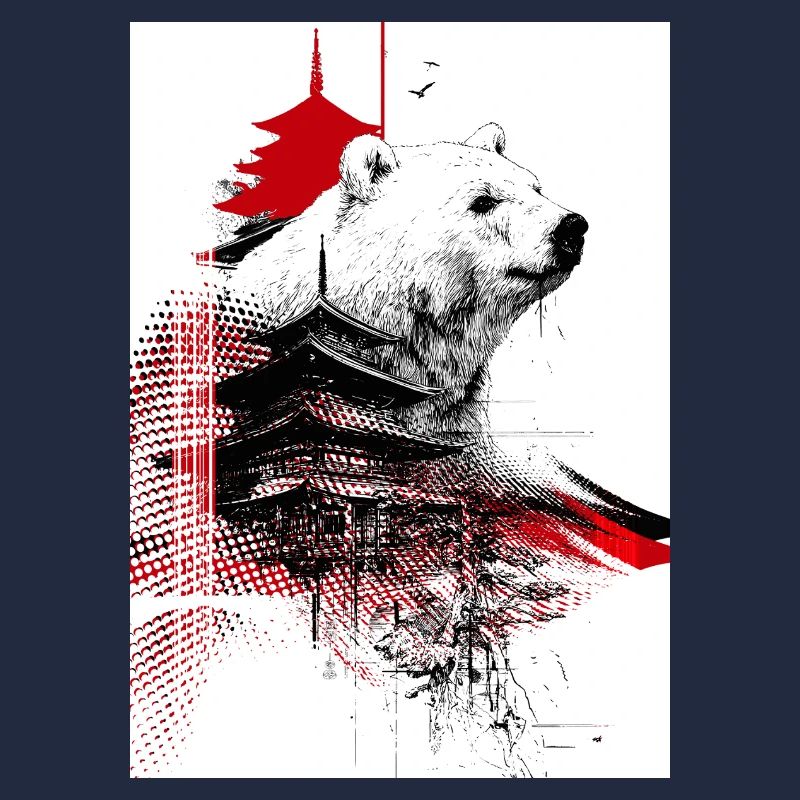 Ours et Pagodes en Gravure Rouge