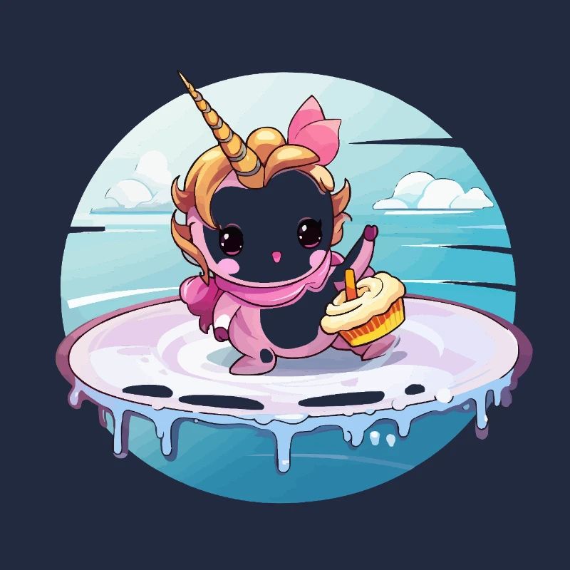 Unicorn on a surfboard with cupcake