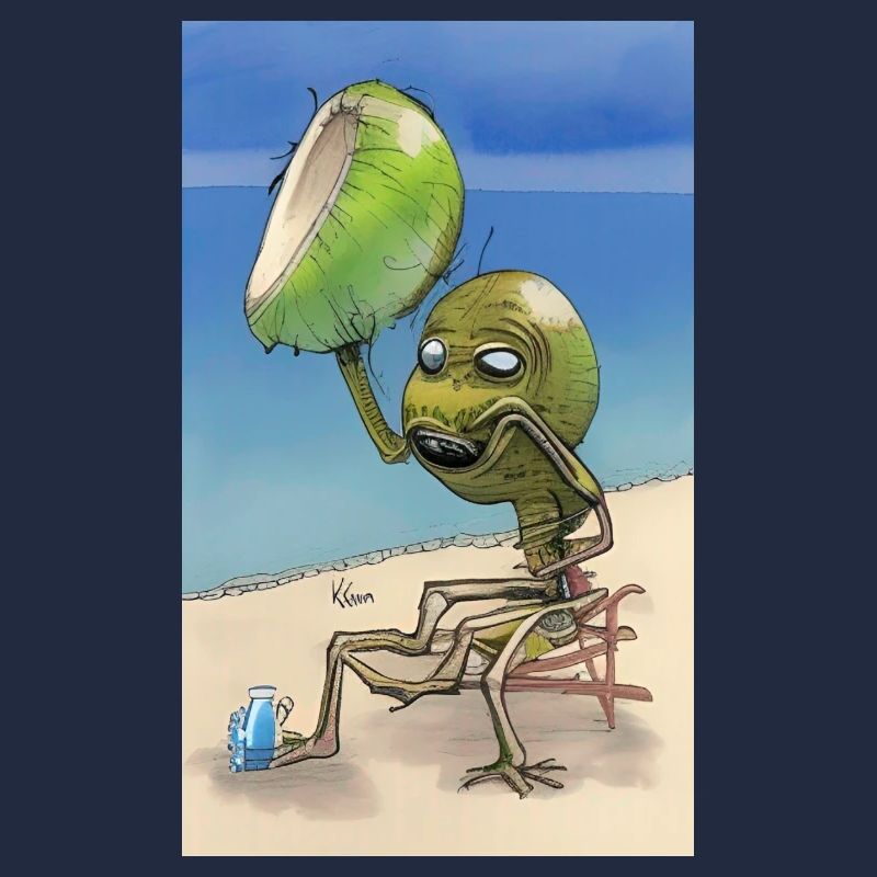 Crazy Comic Alien sur une plage avec un espace cocotier