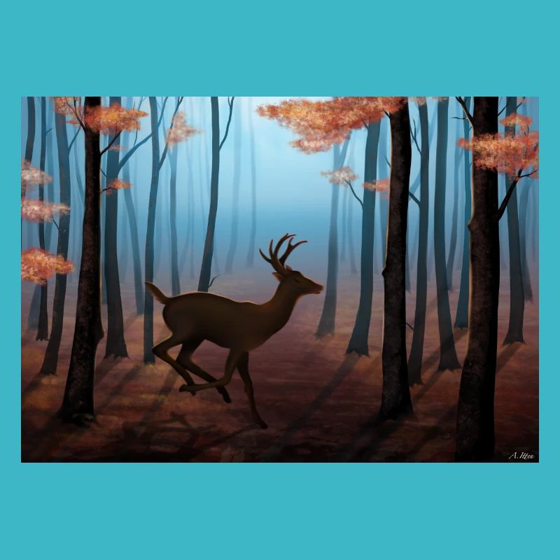 Cerf galopant dans un forêt d'automne
