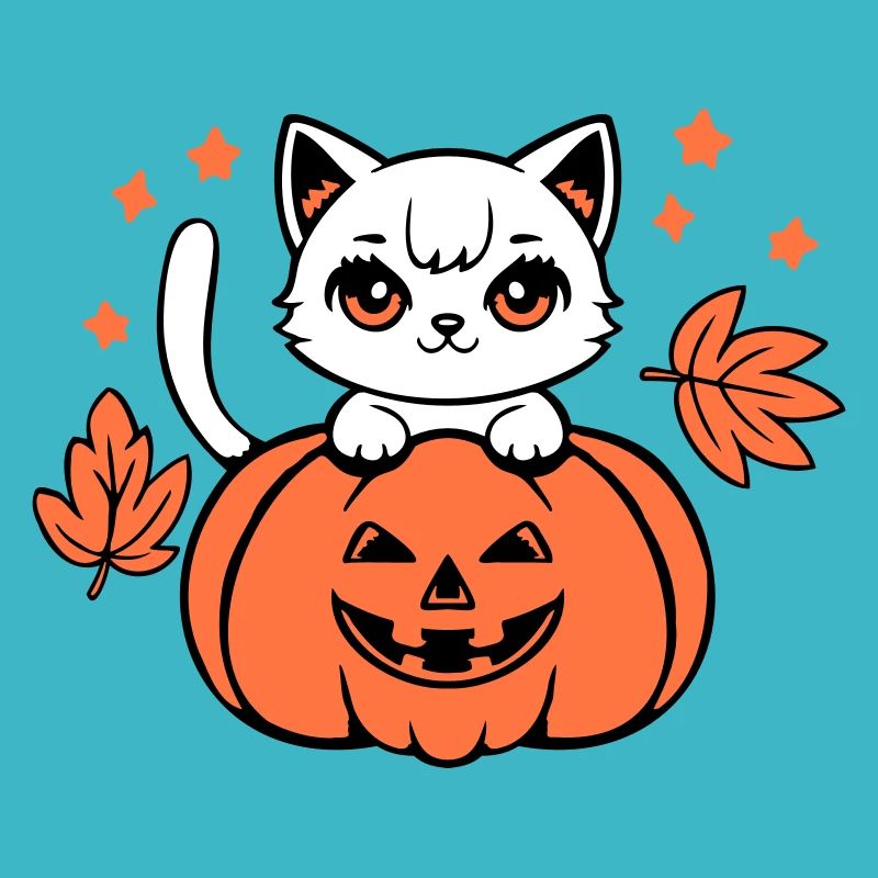 Automne Chat Blanc Citrouille Feuille d’érable Mignon Halloween