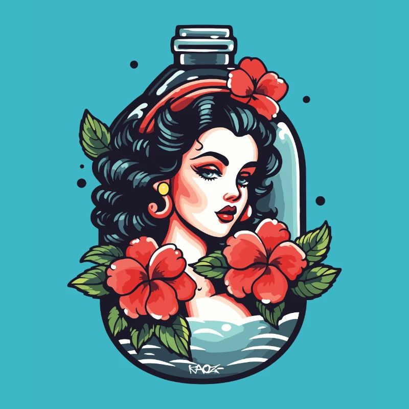 Tatouage de dessin animé classique et bouteille de parfum