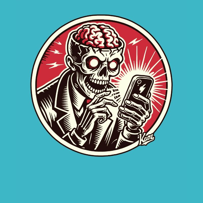 Squelette de zombie pendant le doomscrolling sur smartphone