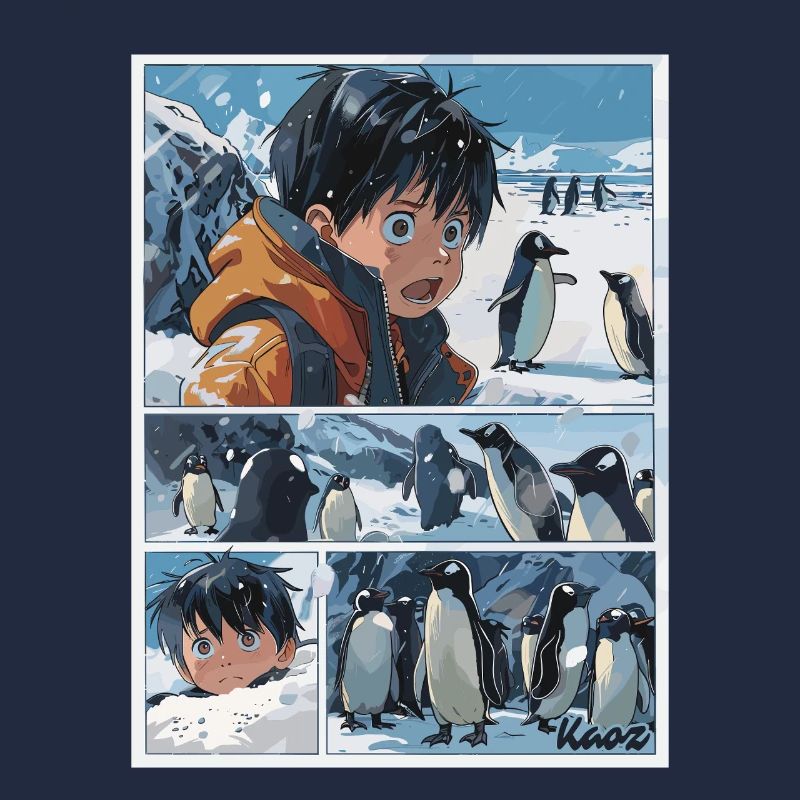 Verirrter Junge und Pinguine im Comic Stil