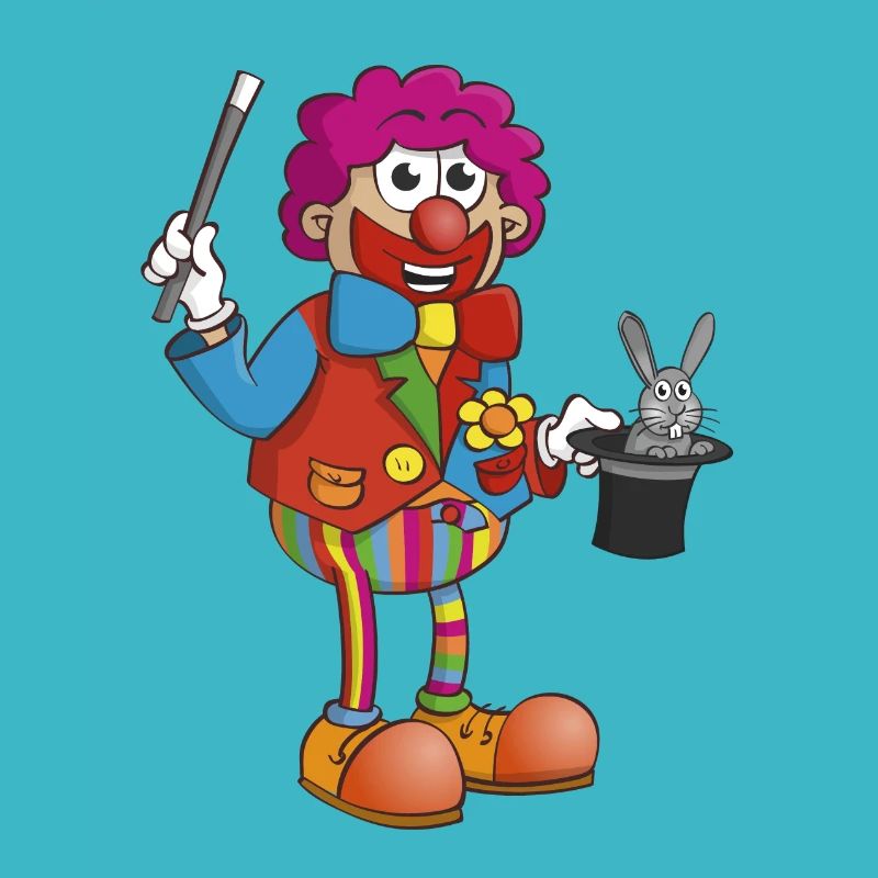 Le clown évoque le lapin hors du haut-de-forme.