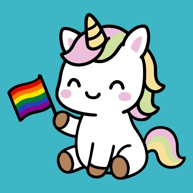 Kleines Einhorn mit Regenbogenfahne