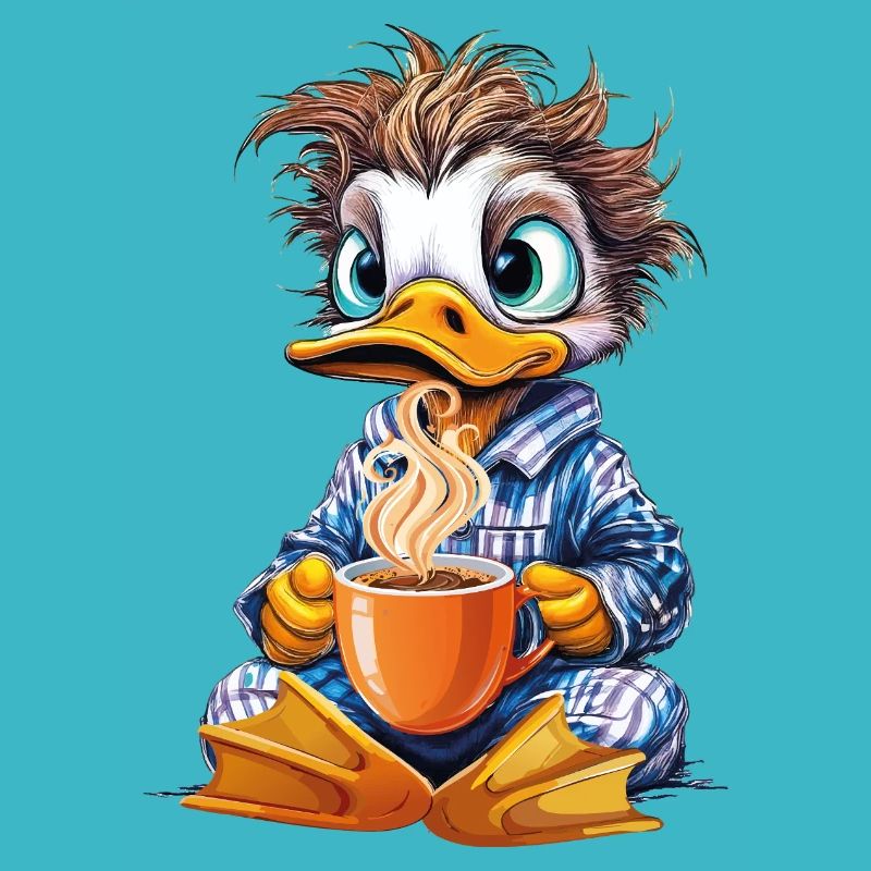 Morning grouch duck with coffee