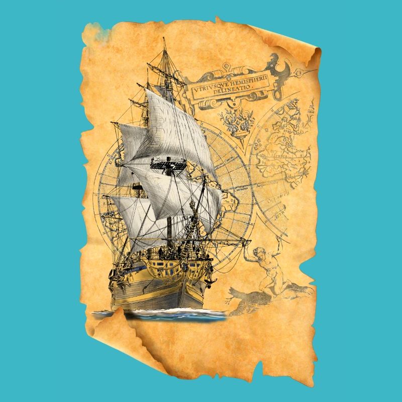 Antique sailing ship on parchment map