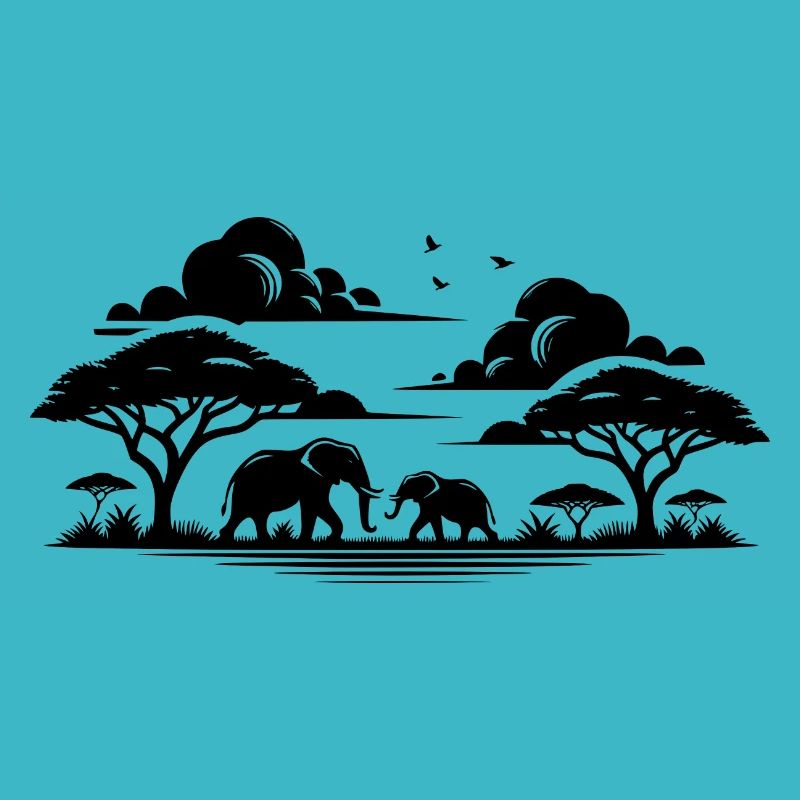 Elephants in African Savannahs Tree Silhouette