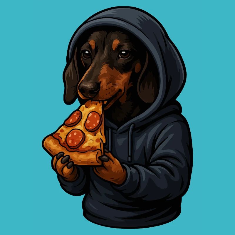 Teckel en sweat à capuche mangeant de la pizza