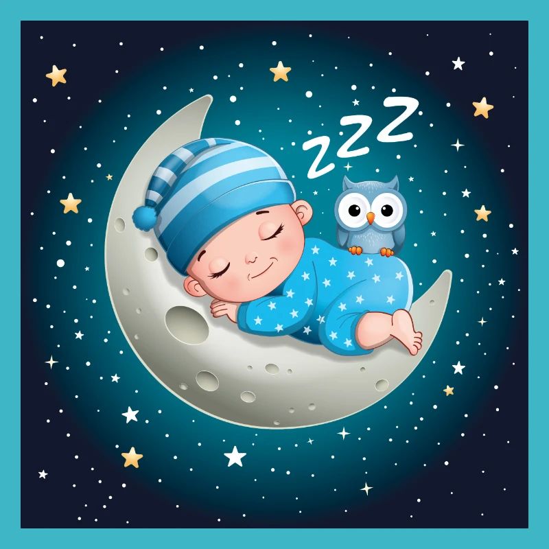 Schlafender Junge auf dem Mond mit einer Eule.