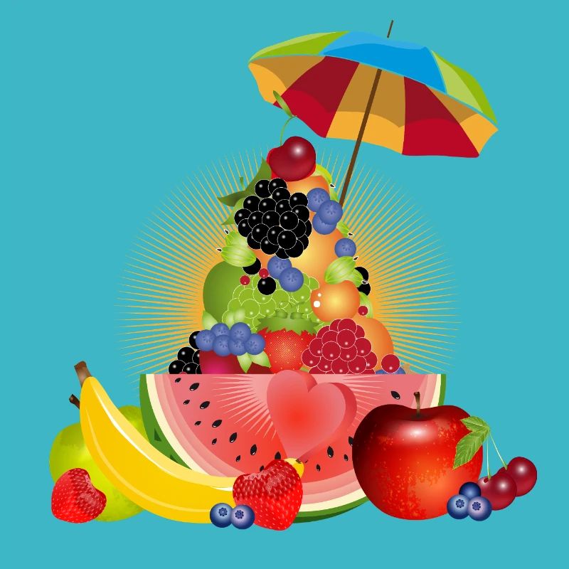 Pyramide de fruits colorée avec pastèque et parapluie