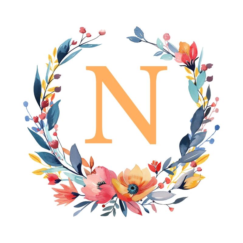 N Monogram, Flower Wreath, Personalizable