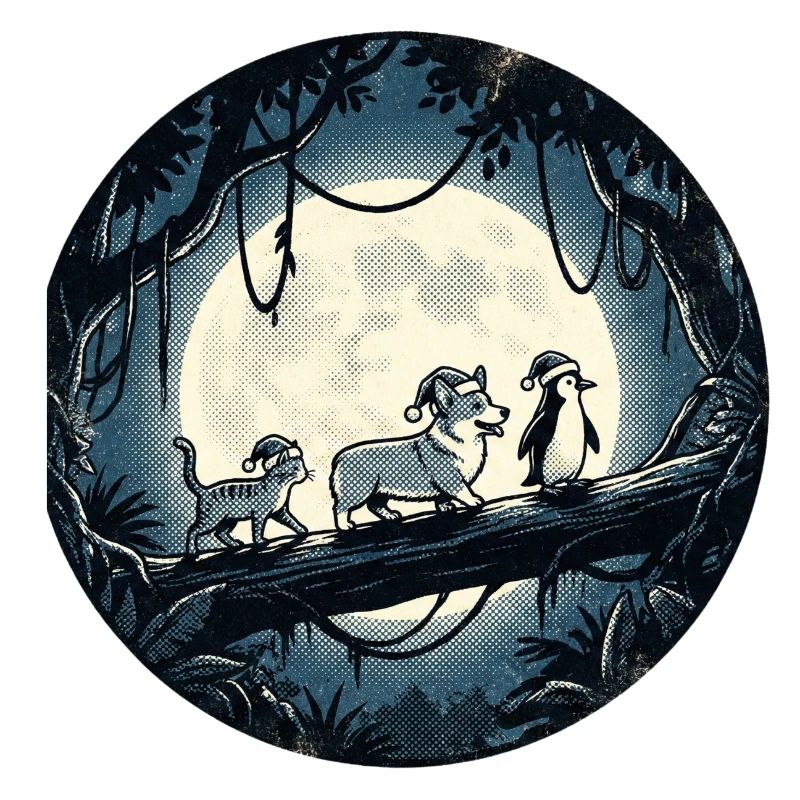Sentier de la Forêt de Clair de Lune avec Chat, Chien et Pingouin